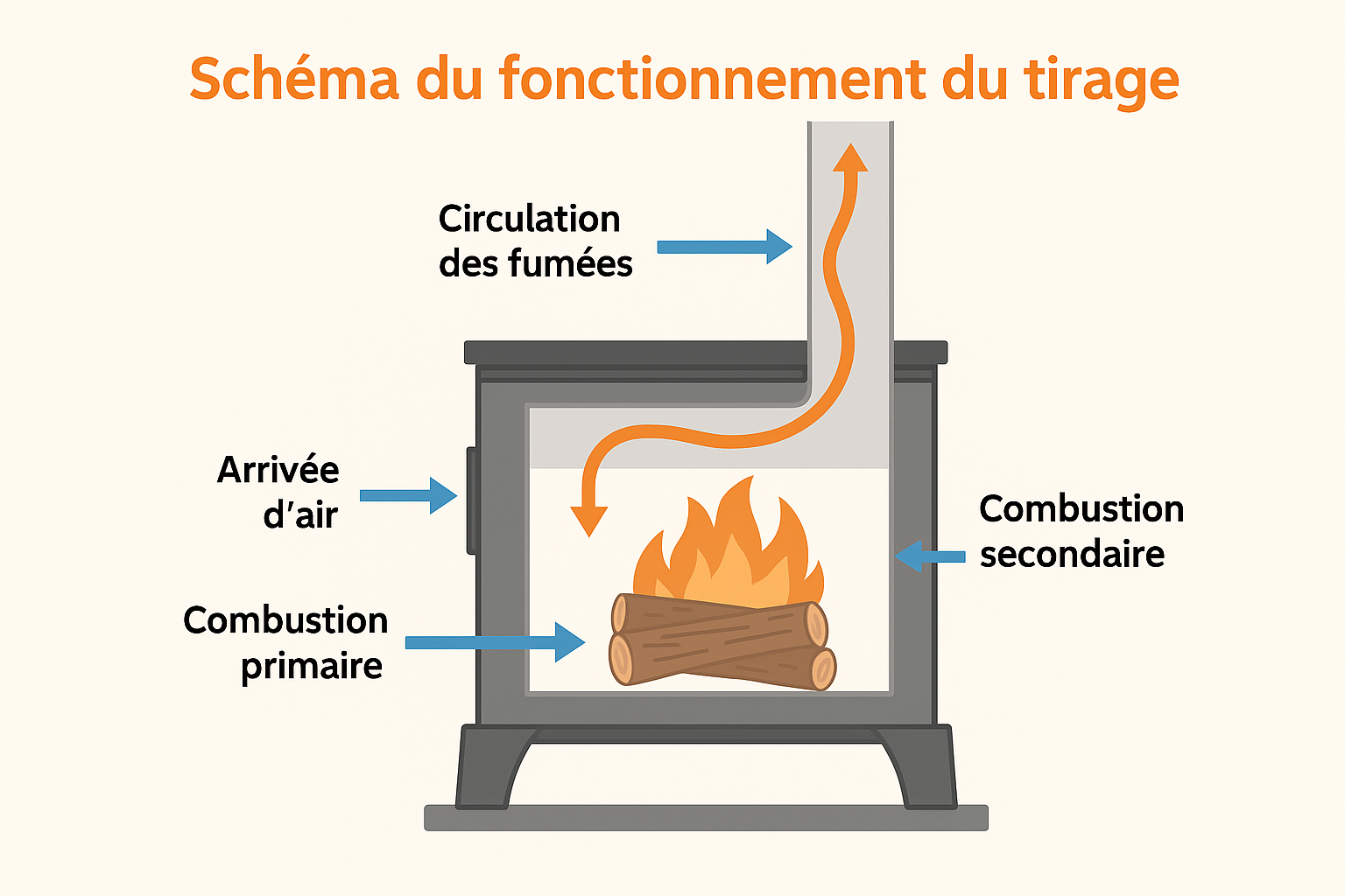 Schéma du fonctionnement du tirage dans un poêle à bois